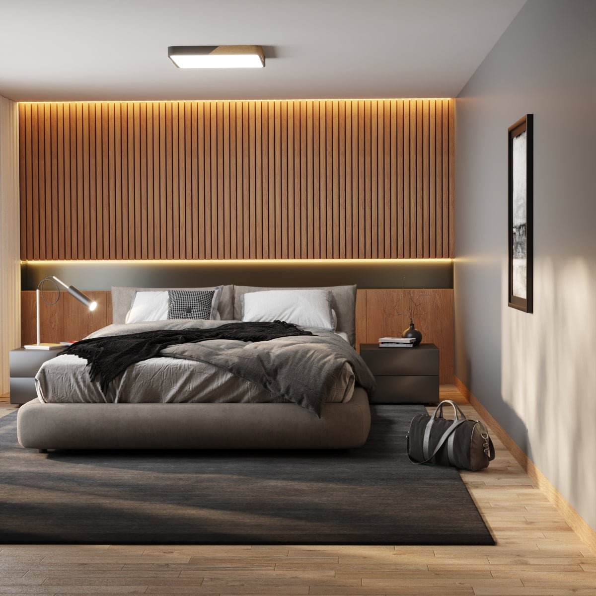 DelphiLicht: Square Ceiling Light Wood & Iron LED Dimmable with Acrylic Diffuser – for Dining Room & Living Room