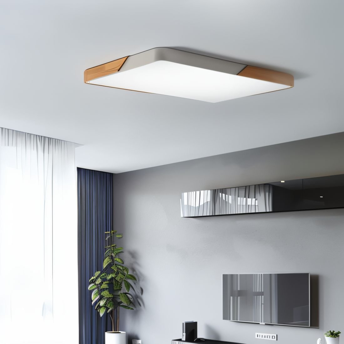 DelphiLicht: Square Ceiling Light Wood & Iron LED Dimmable with Acrylic Diffuser – for Dining Room & Living Room