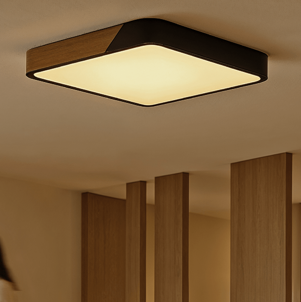 DelphiLicht: Square Ceiling Light Wood & Iron LED Dimmable with Acrylic Diffuser – for Dining Room & Living Room