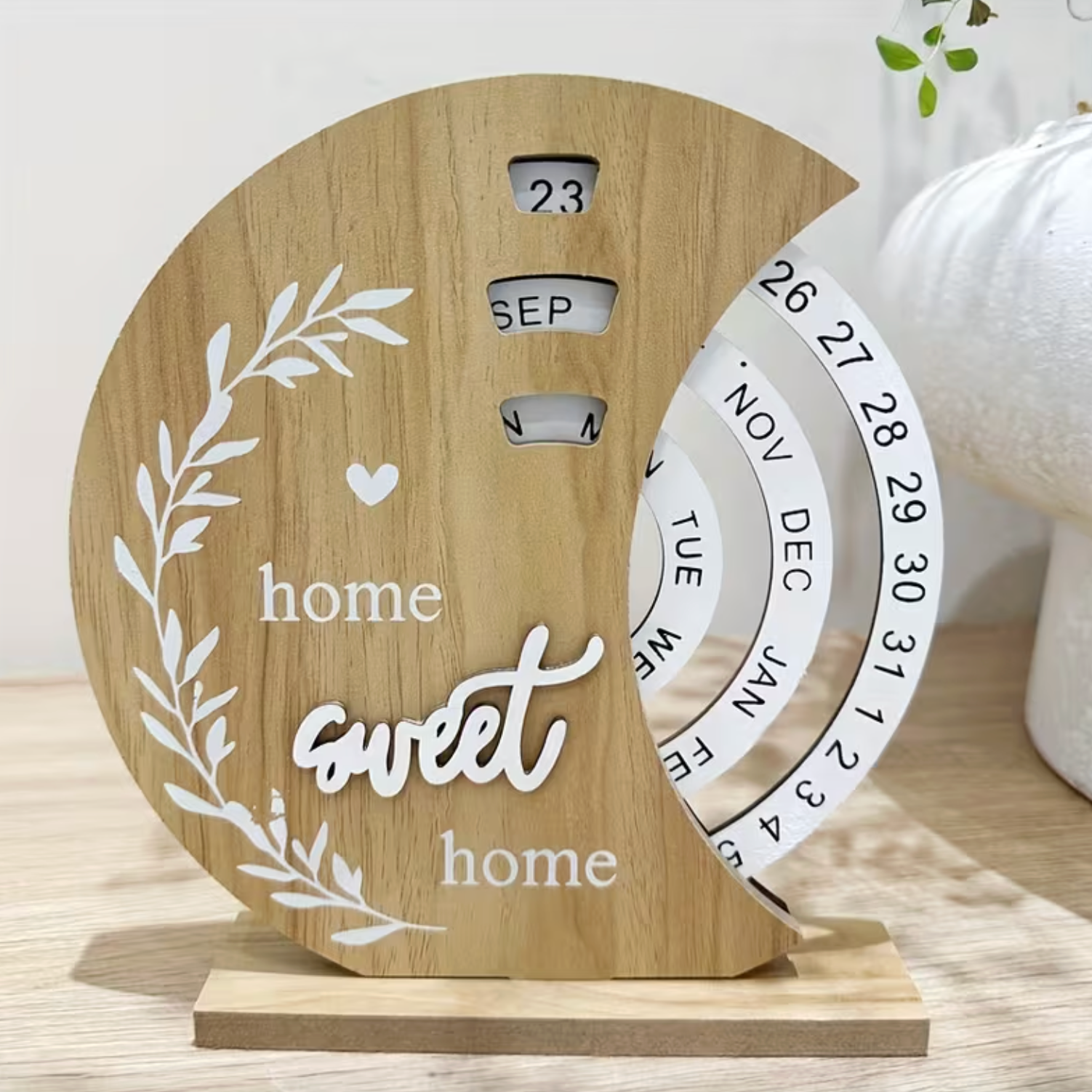 Desk Calendar Natural Wood Rotating Date Wheels Crescent Moon Design