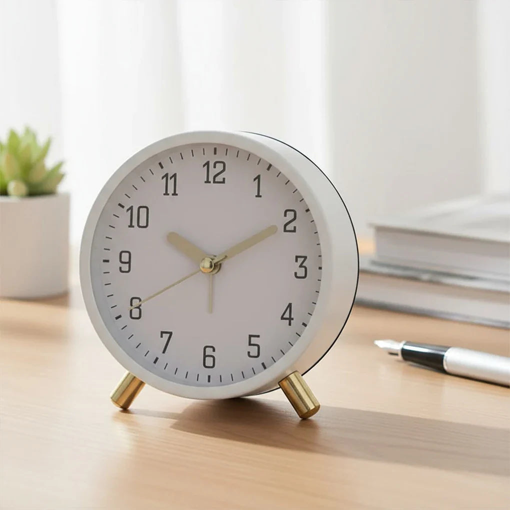 Desk Clock Analog Silent Sweep Metal Glass Battery Operated