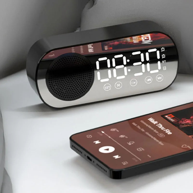 Digital Alarm Clock, LED Mirror Display, Bluetooth Speaker, FM Radio Function