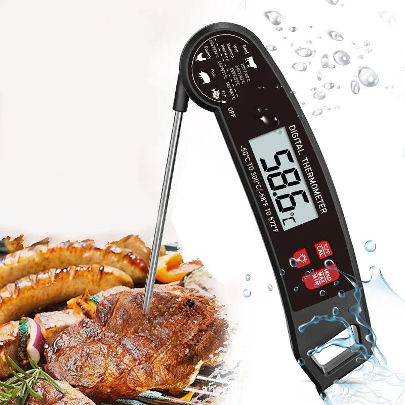 Digital Meat Thermometer Foldable Stainless Steel Probe Backlit LCD Battery Operated