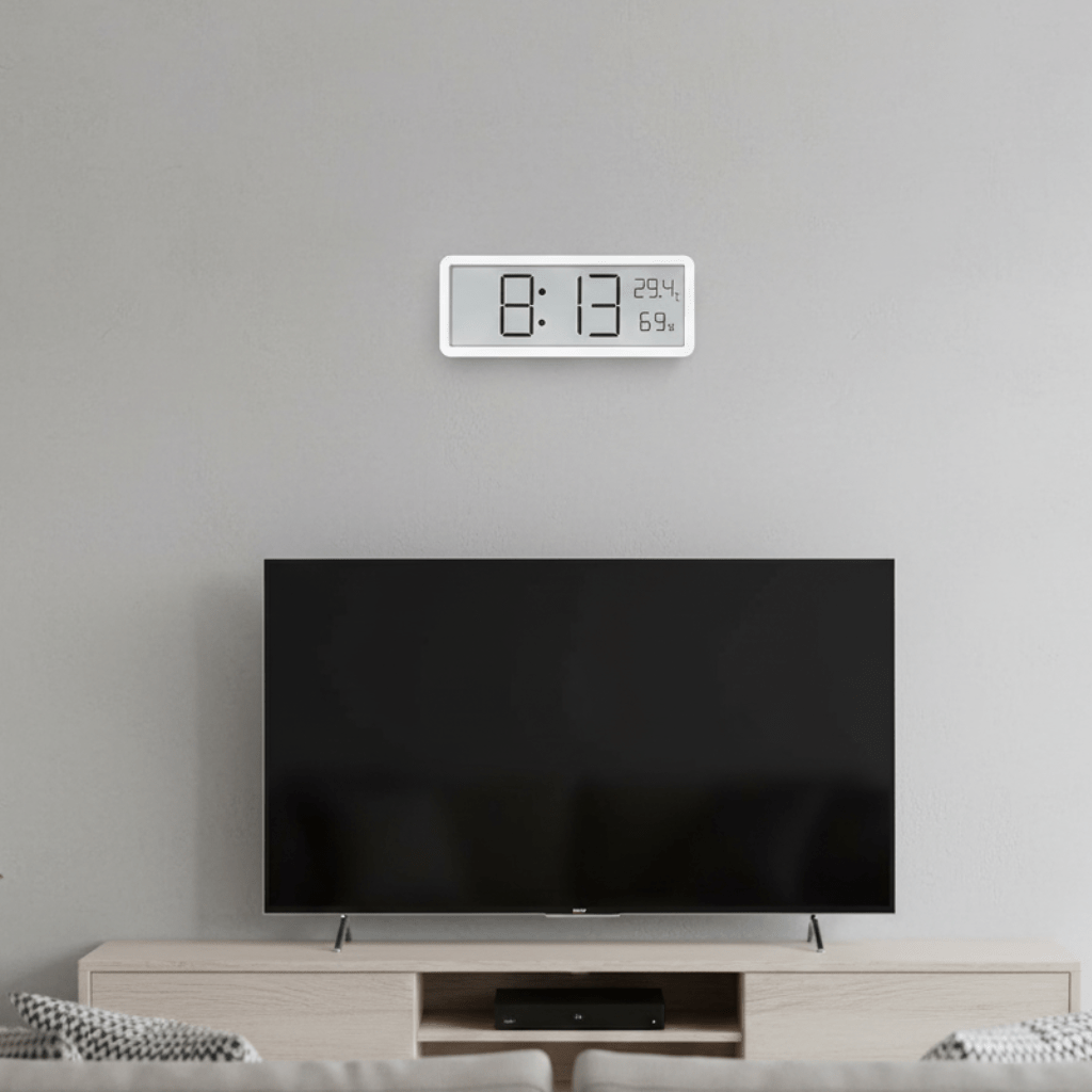 Digital Wall Clock, LCD Screen, Temperature and Humidity Sensors, Plastic Housing