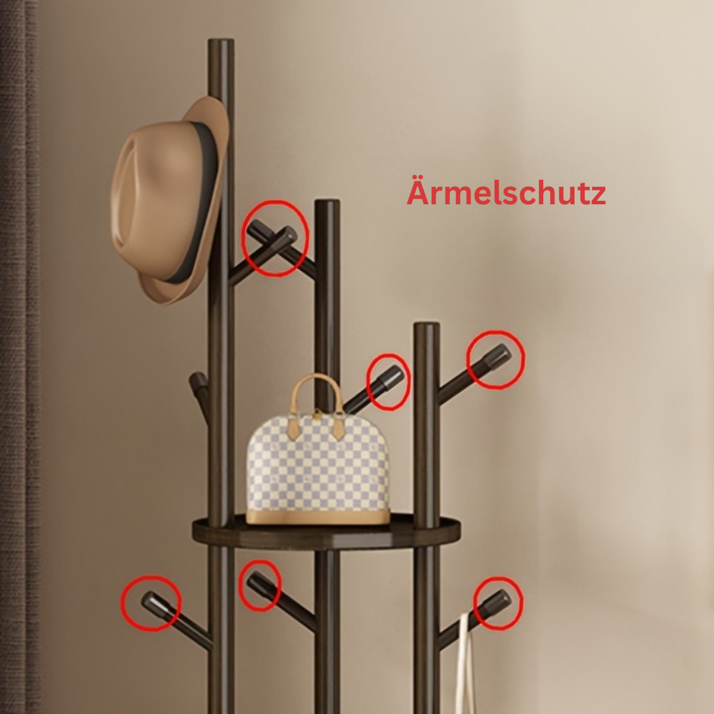 DrehHolz: Freestanding Clothes Rack – Solid Wood Design with 3 Shelves & 9 Hooks, 360° Rotatable for Hallway & Bedroom