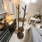 DrehHolz: Freestanding Clothes Rack – Solid Wood Design with 3 Shelves & 9 Hooks, 360° Rotatable for Hallway & Bedroom
