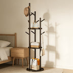 DrehHolz: Freestanding Clothes Rack – Solid Wood Design with 3 Shelves & 9 Hooks, 360° Rotatable for Hallway & Bedroom