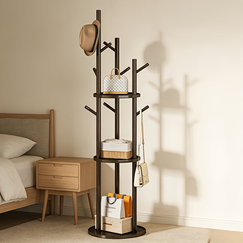 DrehHolz: Freestanding Clothes Rack – Solid Wood Design with 3 Shelves & 9 Hooks, 360° Rotatable for Hallway & Bedroom