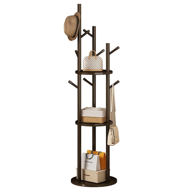 DrehHolz: Freestanding Clothes Rack – Solid Wood Design with 3 Shelves & 9 Hooks, 360° Rotatable for Hallway & Bedroom