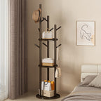 DrehHolz: Freestanding Clothes Rack – Solid Wood Design with 3 Shelves & 9 Hooks, 360° Rotatable for Hallway & Bedroom