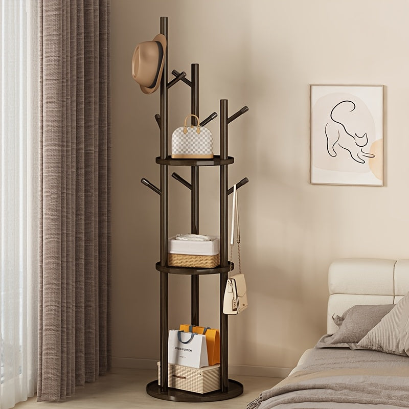 DrehHolz: Freestanding Clothes Rack – Solid Wood Design with 3 Shelves & 9 Hooks, 360° Rotatable for Hallway & Bedroom