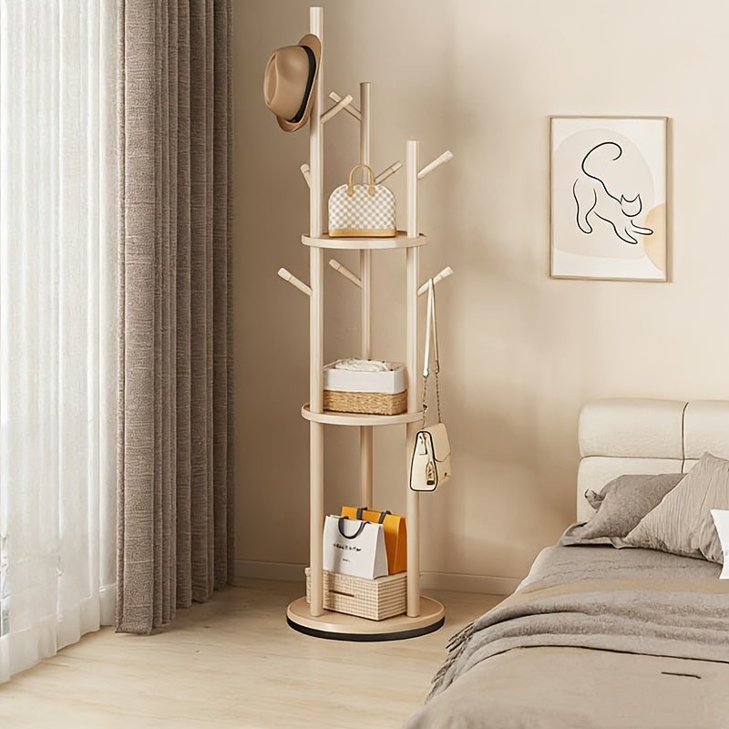 DrehHolz: Freestanding Clothes Rack – Solid Wood Design with 3 Shelves & 9 Hooks, 360° Rotatable for Hallway & Bedroom