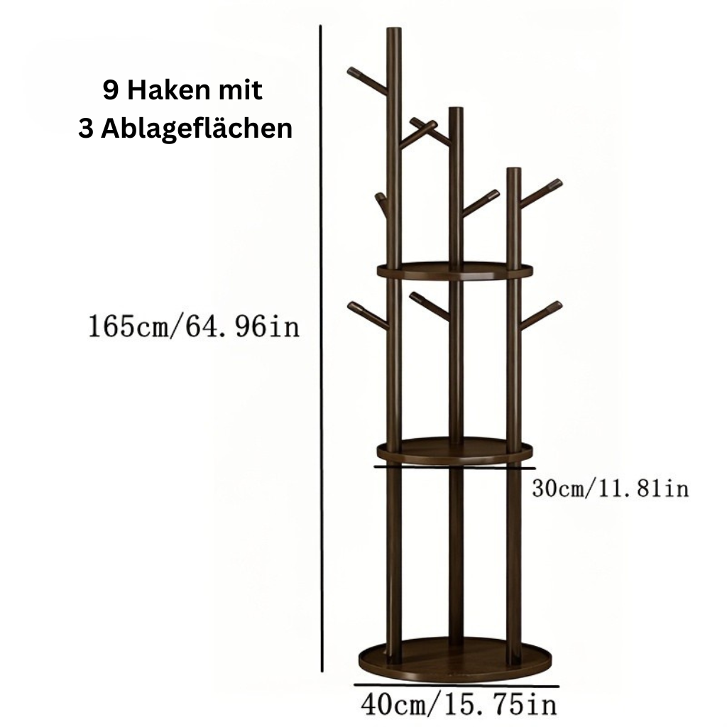 DrehHolz: Freestanding Clothes Rack – Solid Wood Design with 3 Shelves & 9 Hooks, 360° Rotatable for Hallway & Bedroom