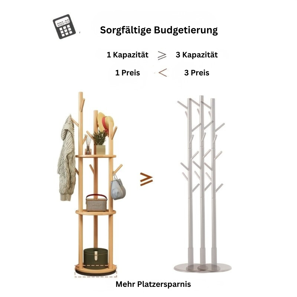 DrehHolz: Freestanding Clothes Rack – Solid Wood Design with 3 Shelves & 9 Hooks, 360° Rotatable for Hallway & Bedroom