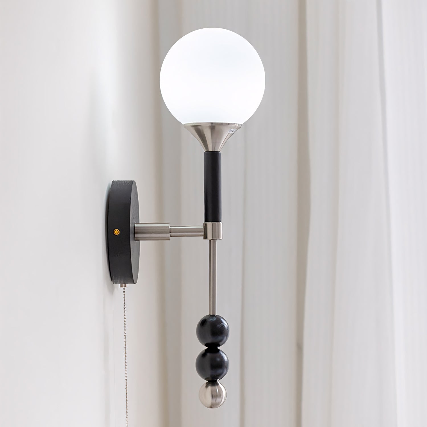 Milk-Glass Globe Sconce with Wood Abacus Beads