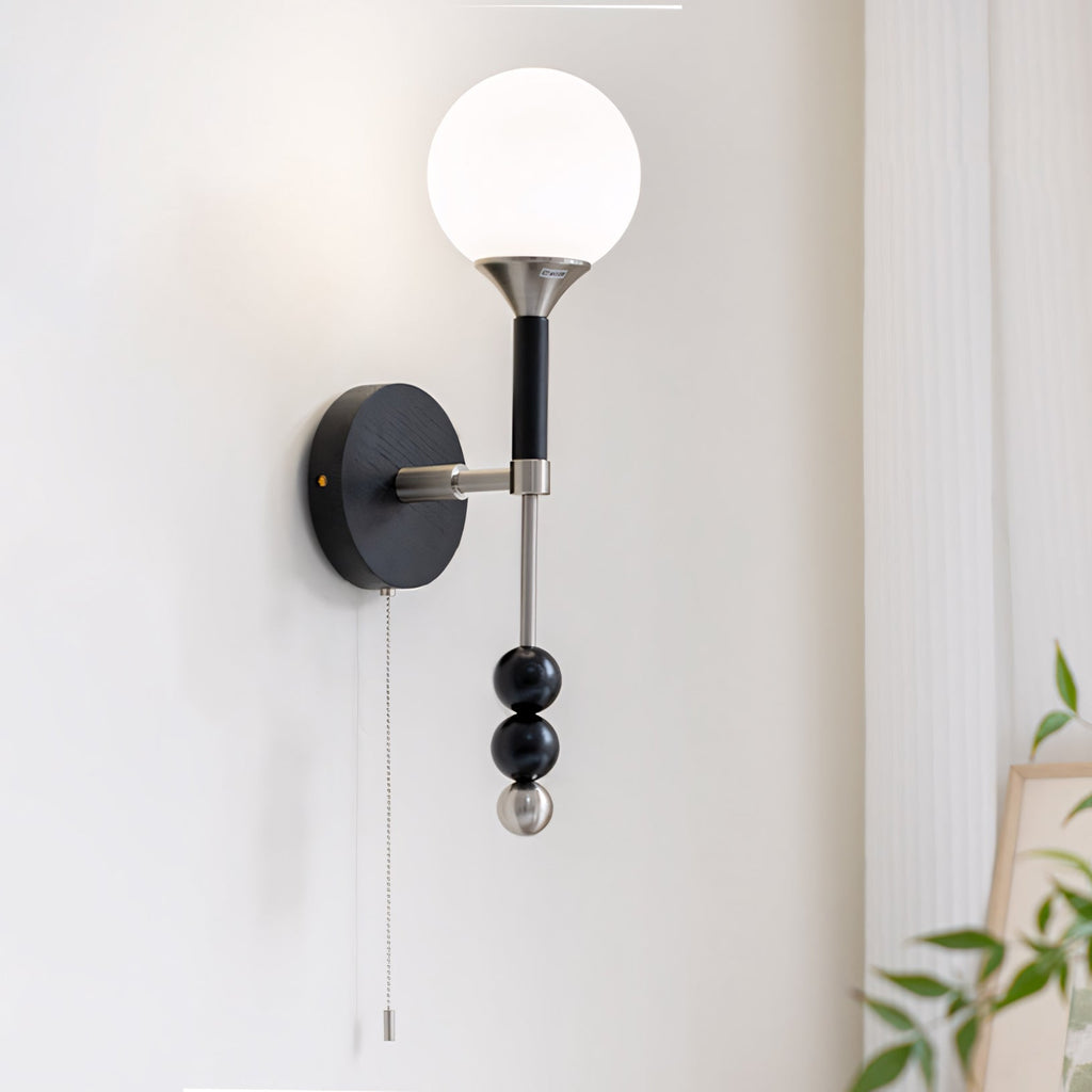 Milk-Glass Globe Sconce with Wood Abacus Beads