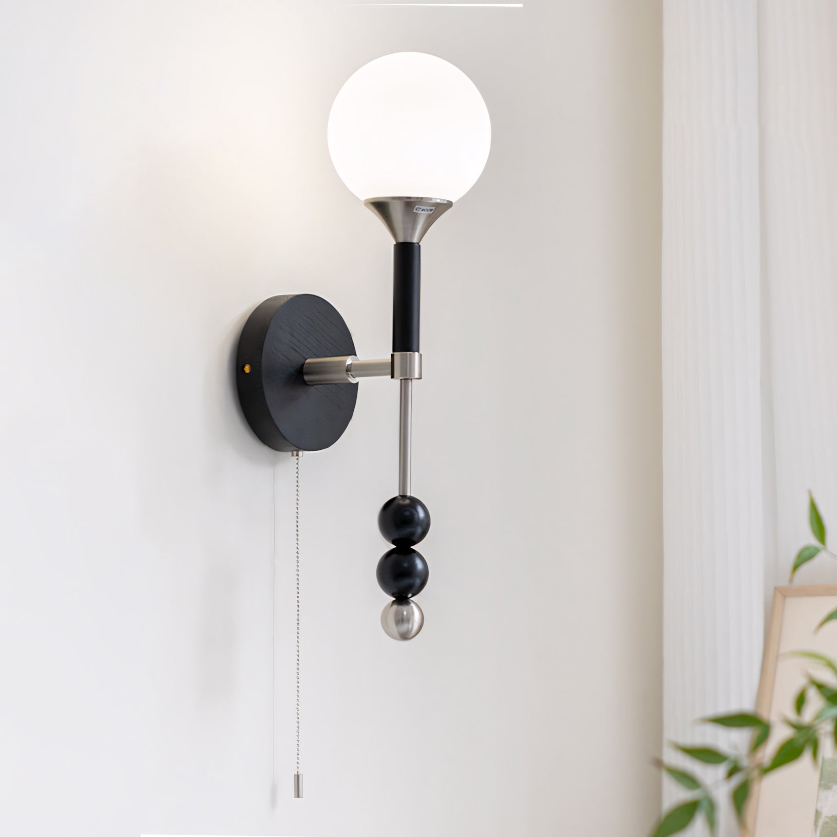 Milk-Glass Globe Sconce with Wood Abacus Beads