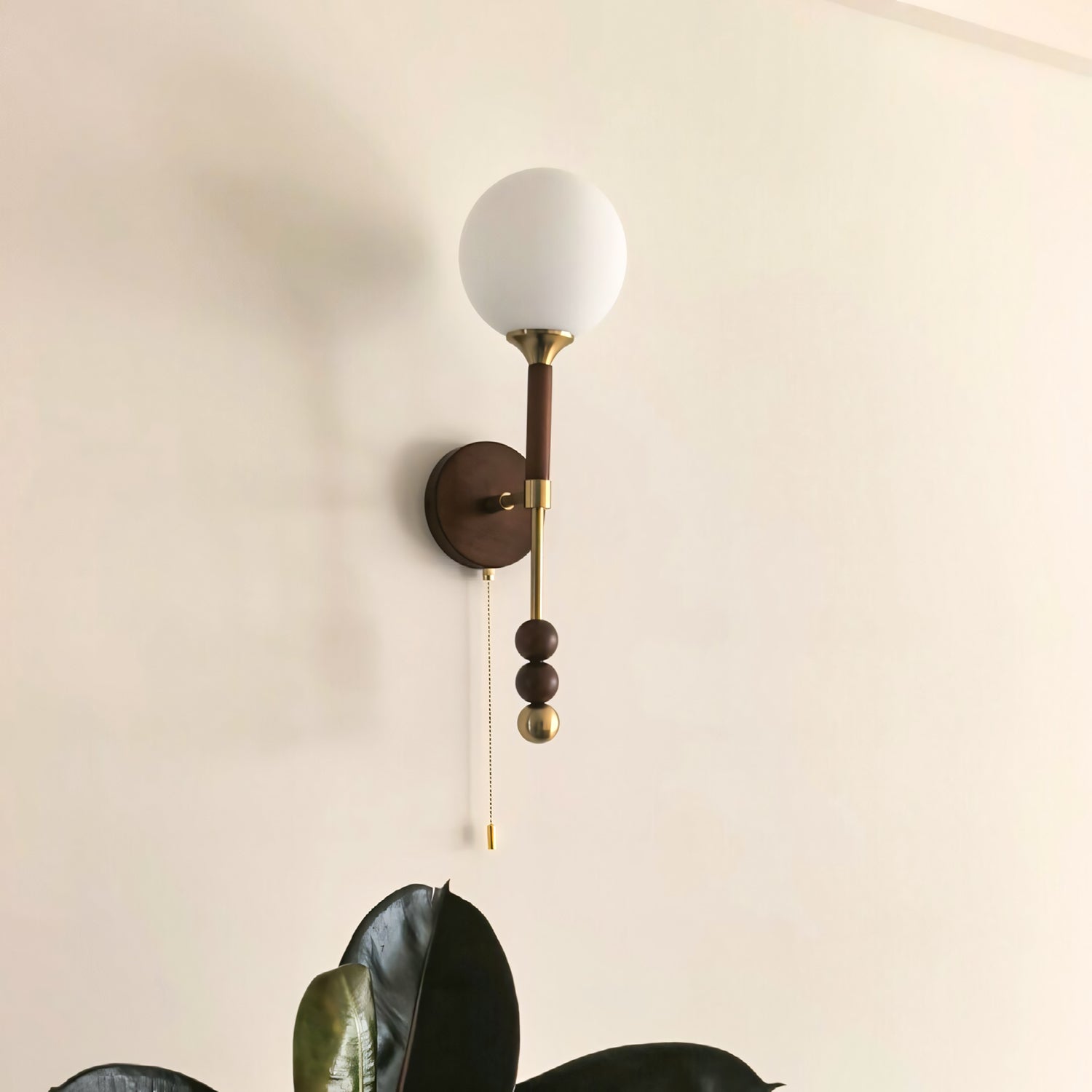 Milk-Glass Globe Sconce with Wood Abacus Beads