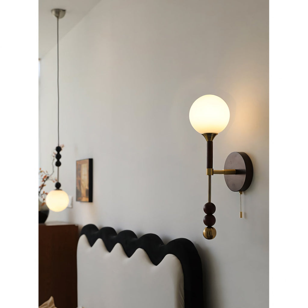 Milk-Glass Globe Sconce with Wood Abacus Beads