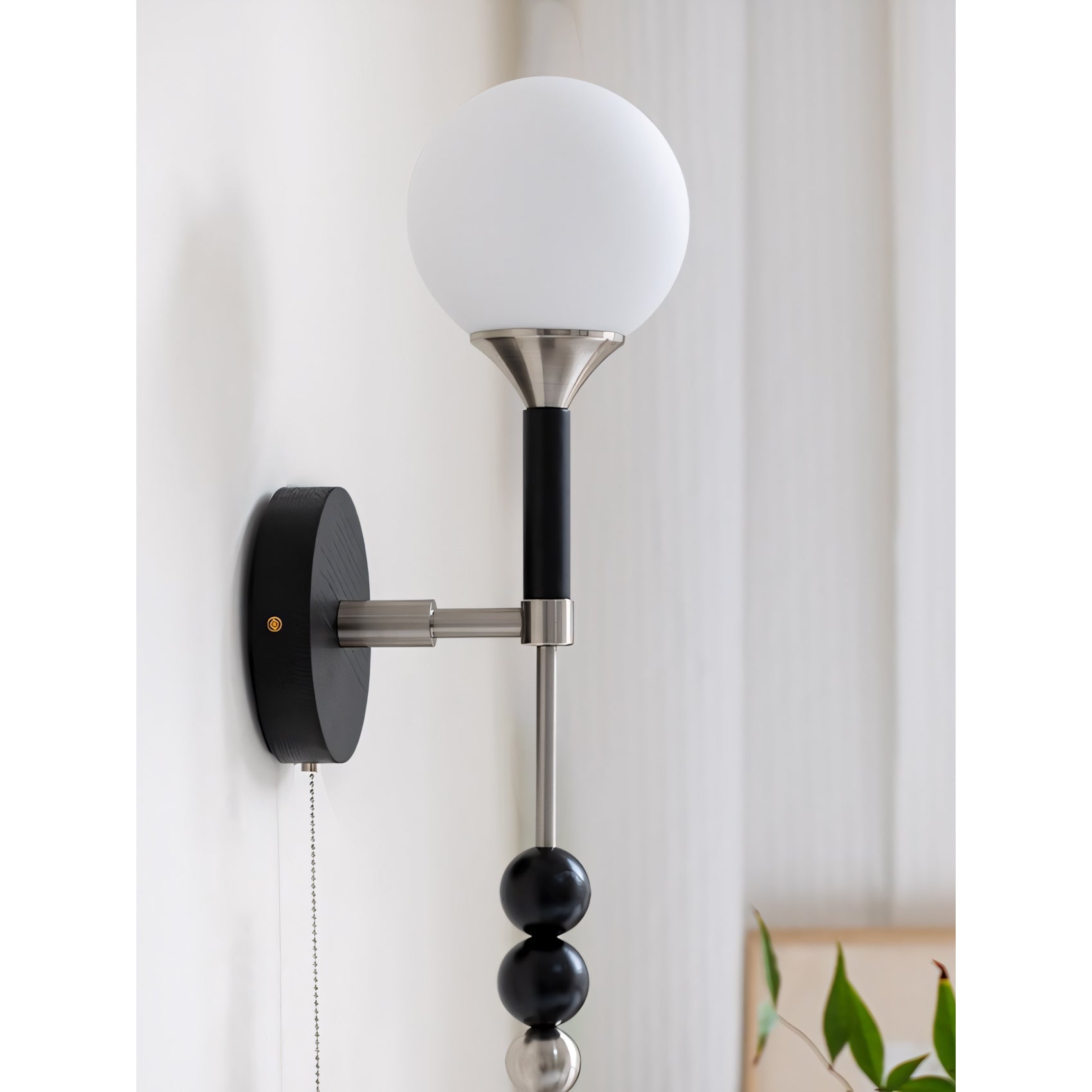 Milk-Glass Globe Sconce with Wood Abacus Beads