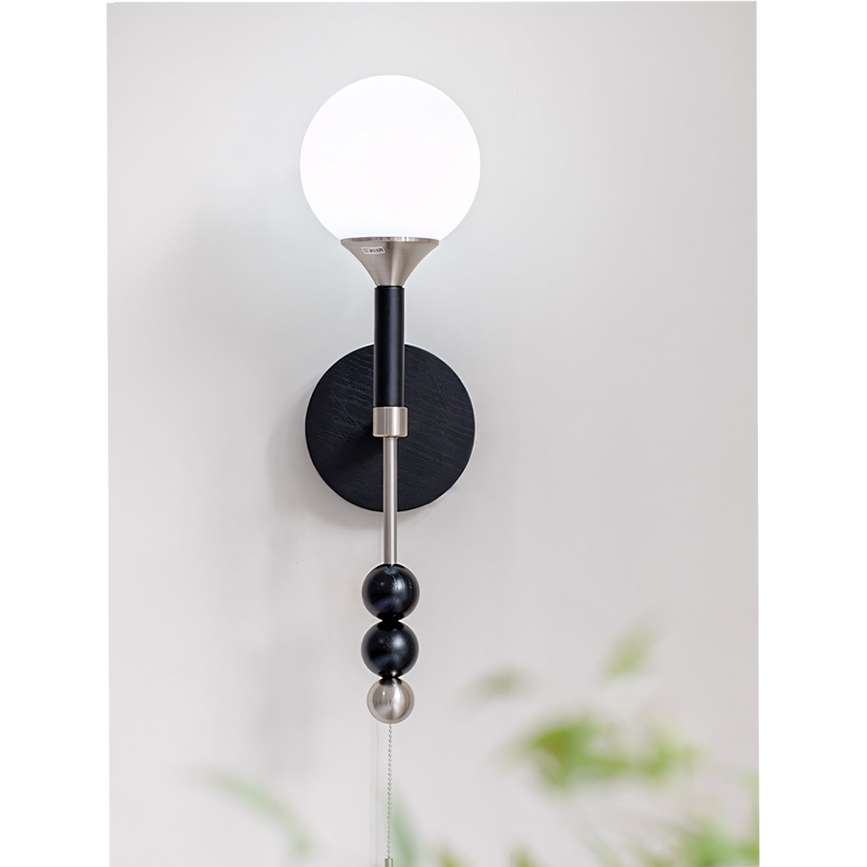Milk-Glass Globe Sconce with Wood Abacus Beads