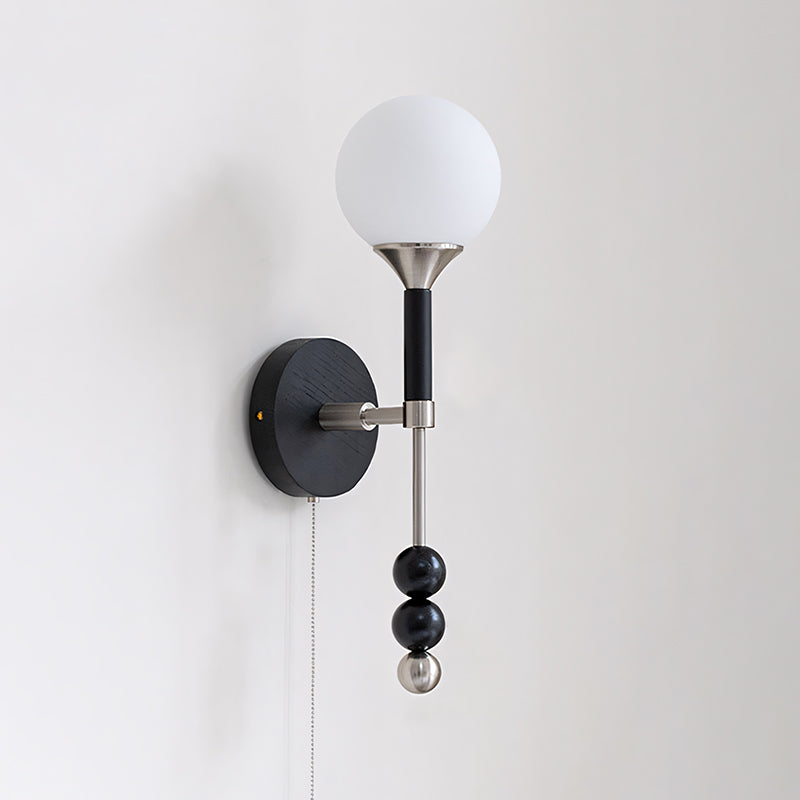 Milk-Glass Globe Sconce with Wood Abacus Beads