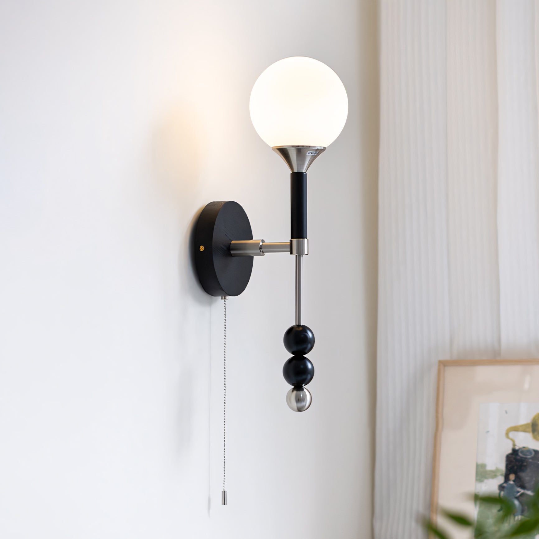 Milk-Glass Globe Sconce with Wood Abacus Beads