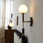 Milk-Glass Globe Sconce with Wood Abacus Beads
