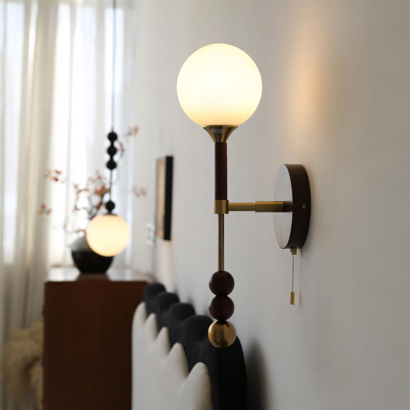 Milk-Glass Globe Sconce with Wood Abacus Beads