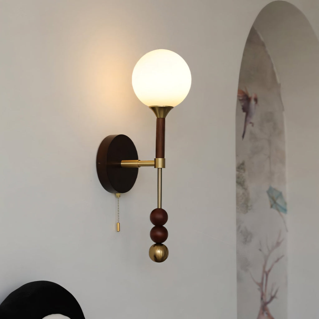 Milk-Glass Globe Sconce with Wood Abacus Beads