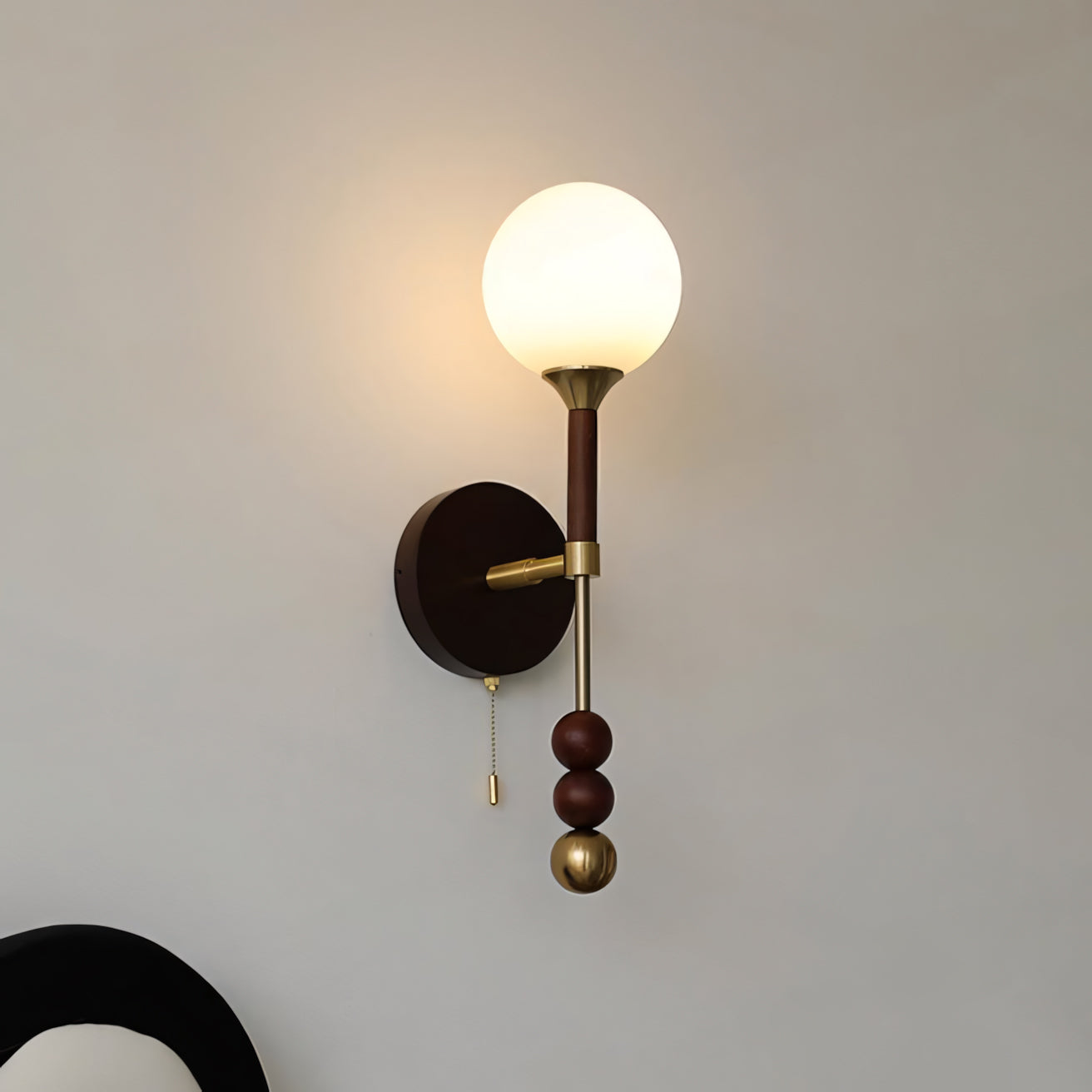 Milk-Glass Globe Sconce with Wood Abacus Beads
