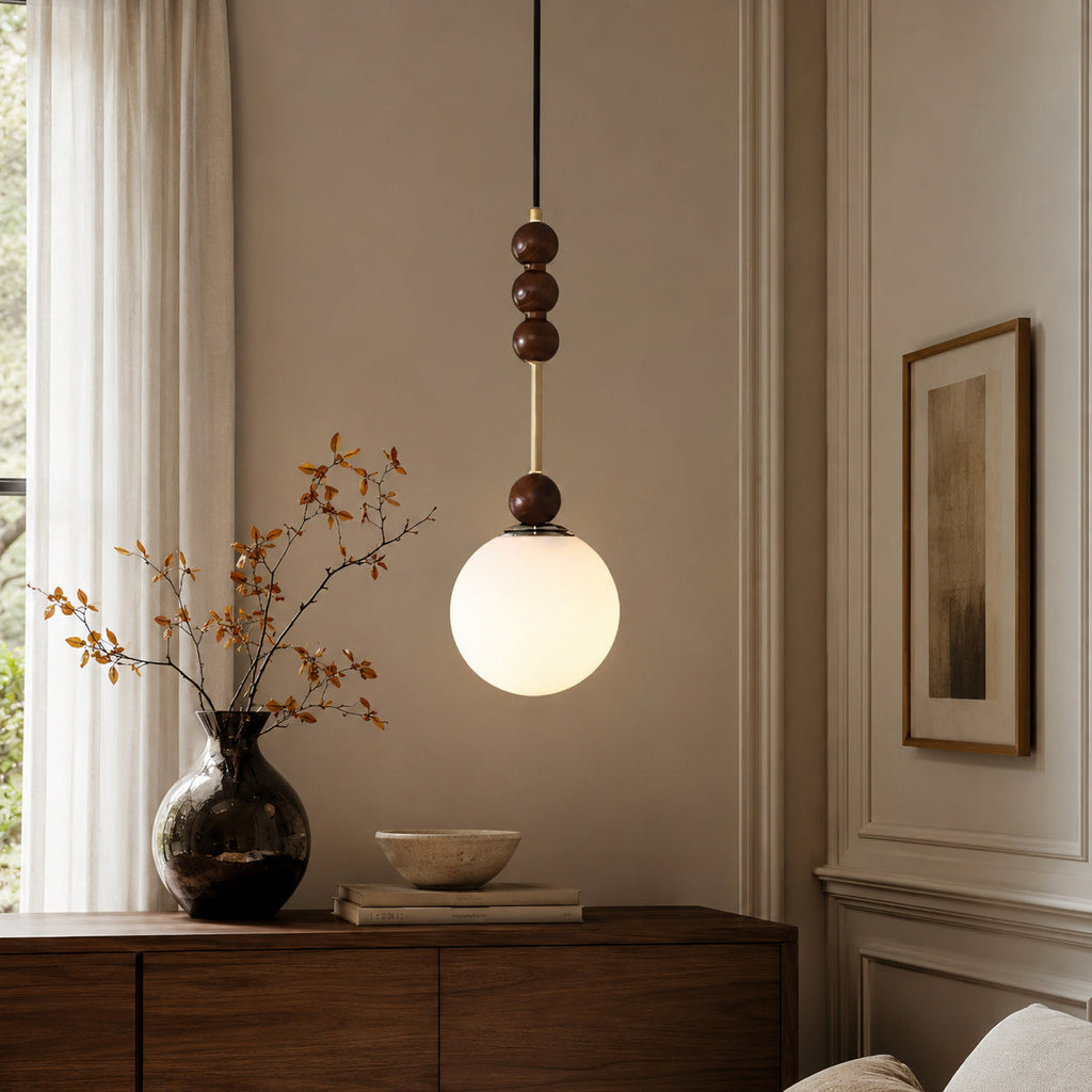 Frosted Globe Pendant with Stacked Wood Spheres