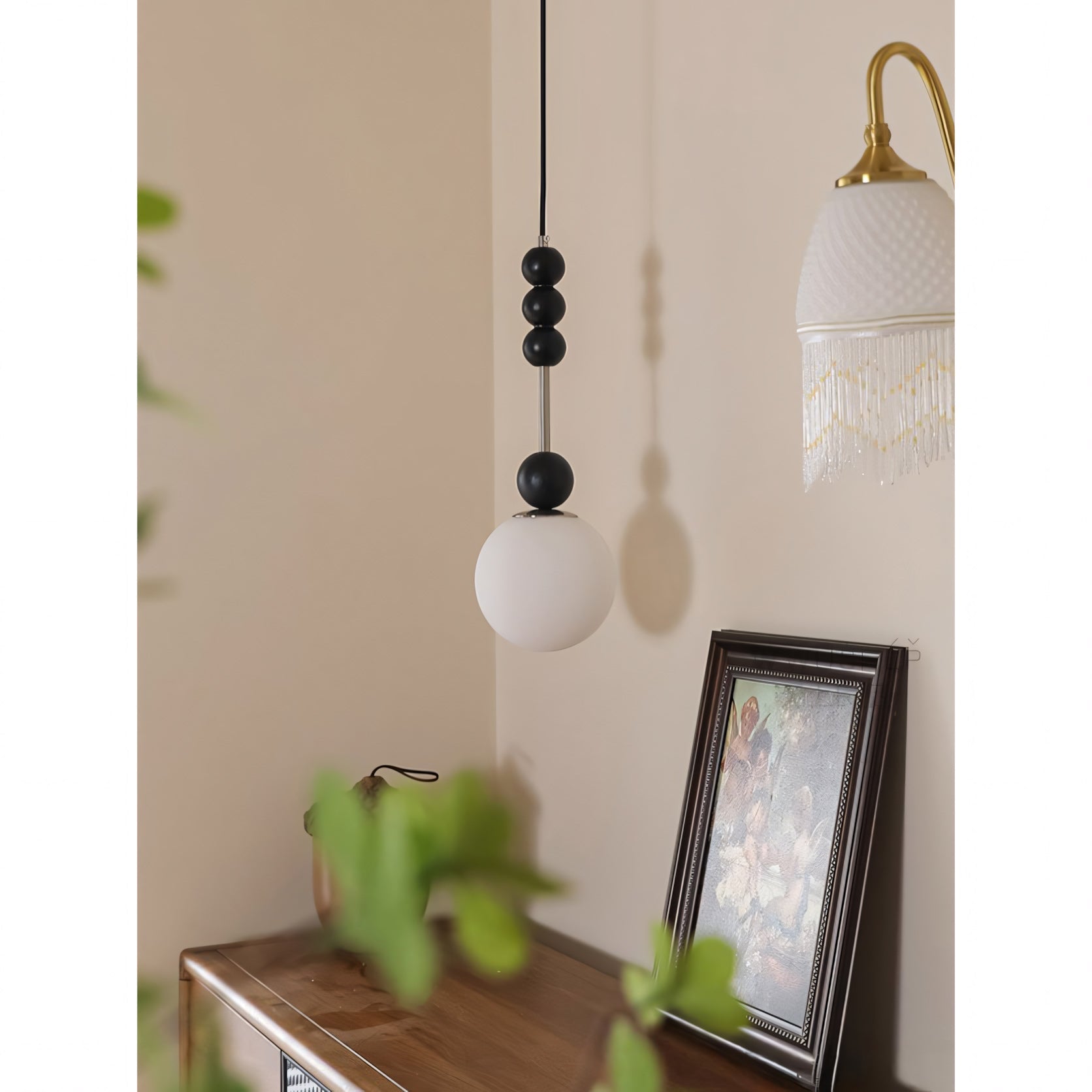 Frosted Globe Pendant with Stacked Wood Spheres
