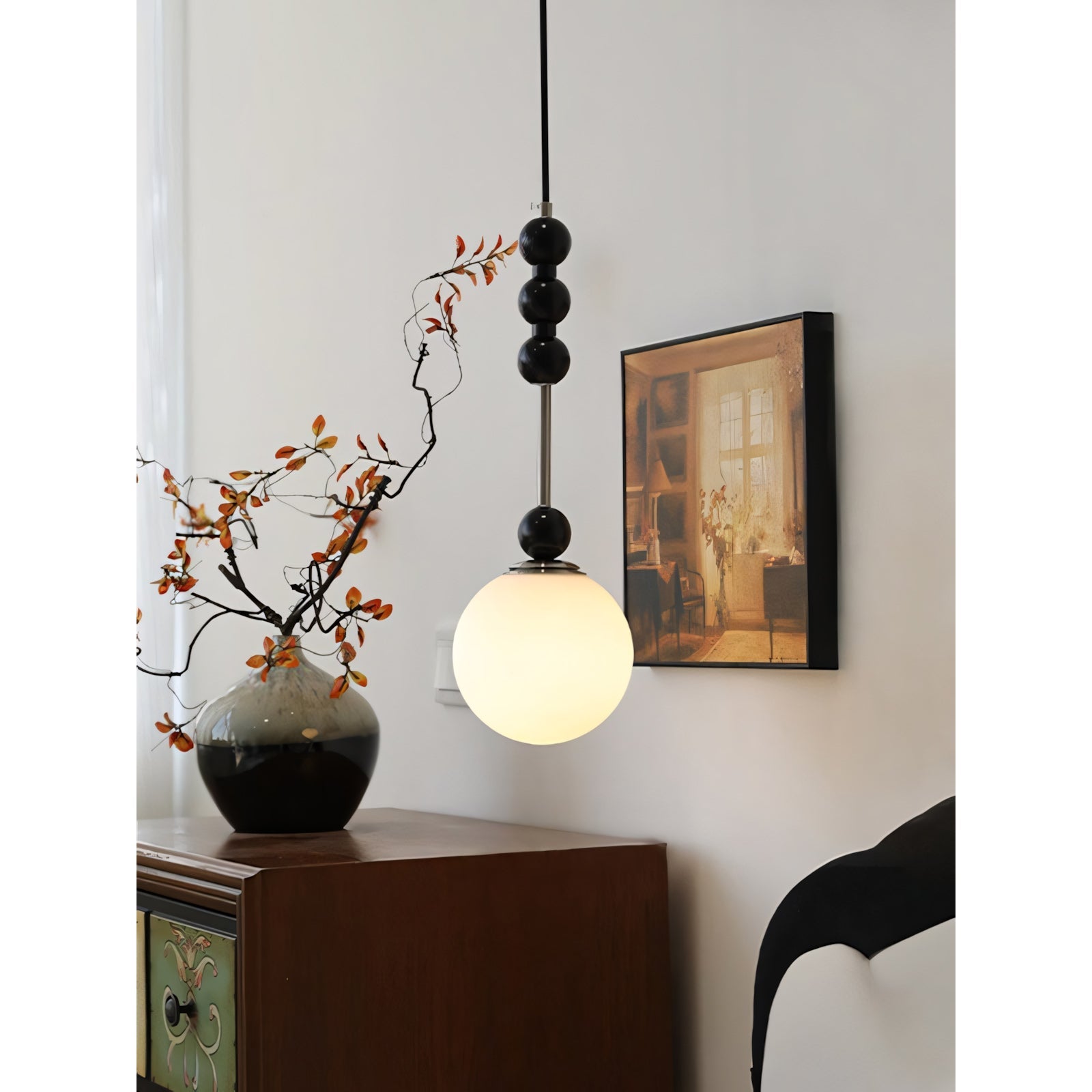 Frosted Globe Pendant with Stacked Wood Spheres