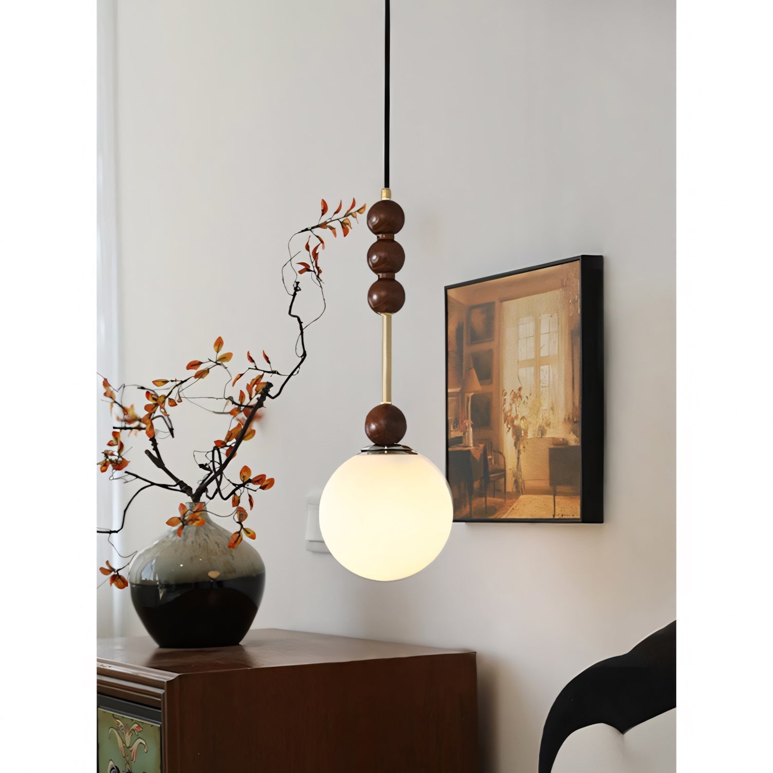 Frosted Globe Pendant with Stacked Wood Spheres