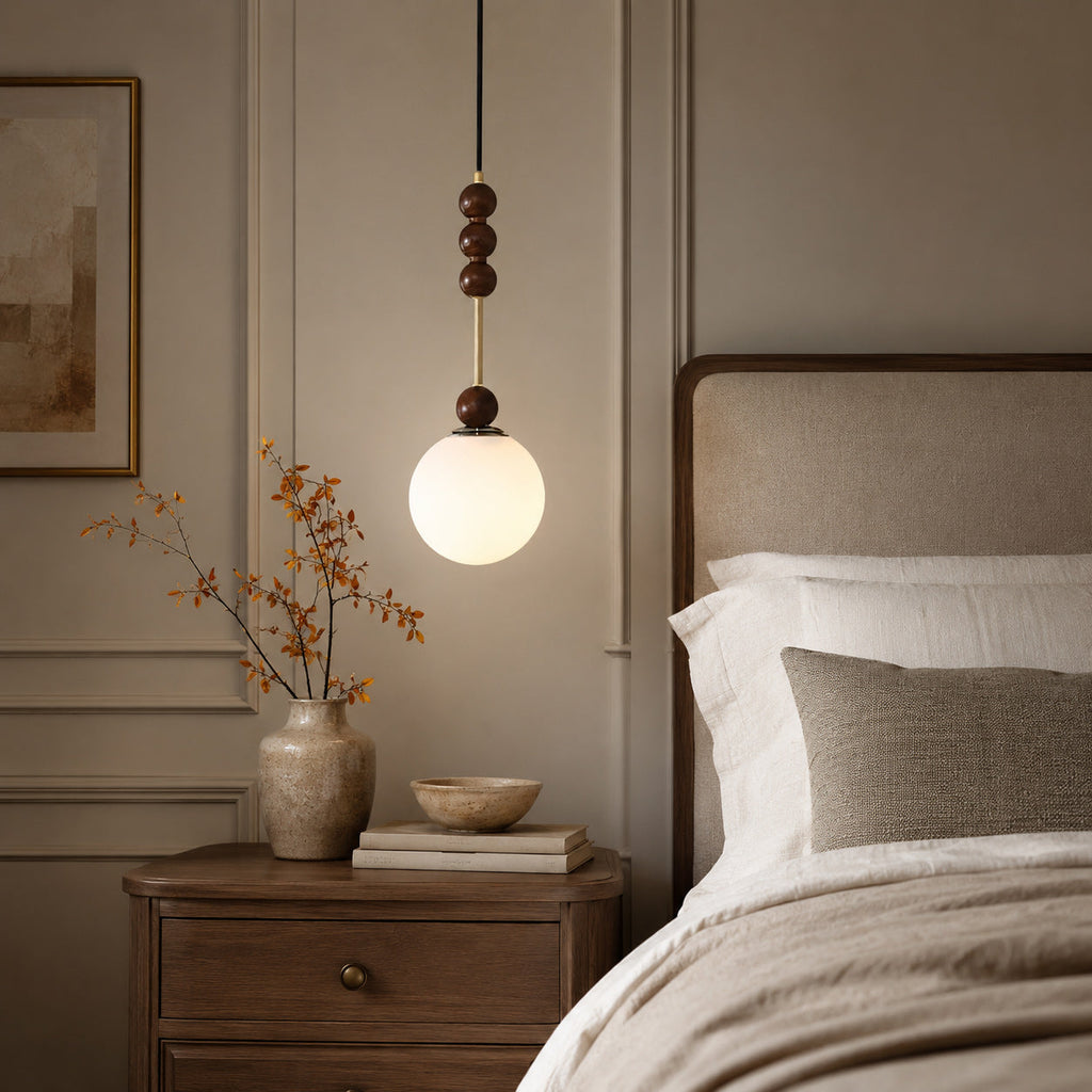 Frosted Globe Pendant with Stacked Wood Spheres