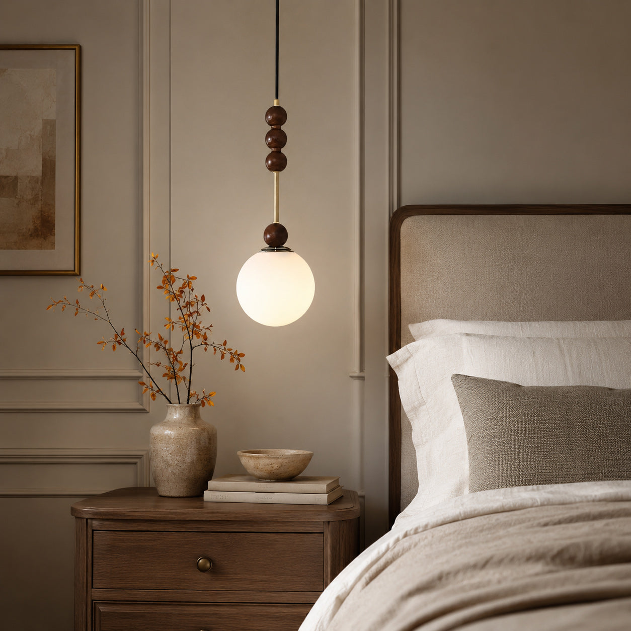 Frosted Globe Pendant with Stacked Wood Spheres