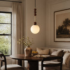 Frosted Globe Pendant with Stacked Wood Spheres