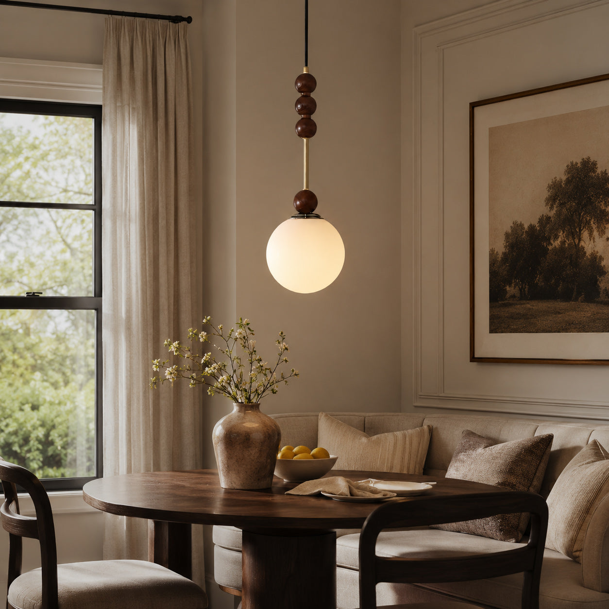 Frosted Globe Pendant with Stacked Wood Spheres