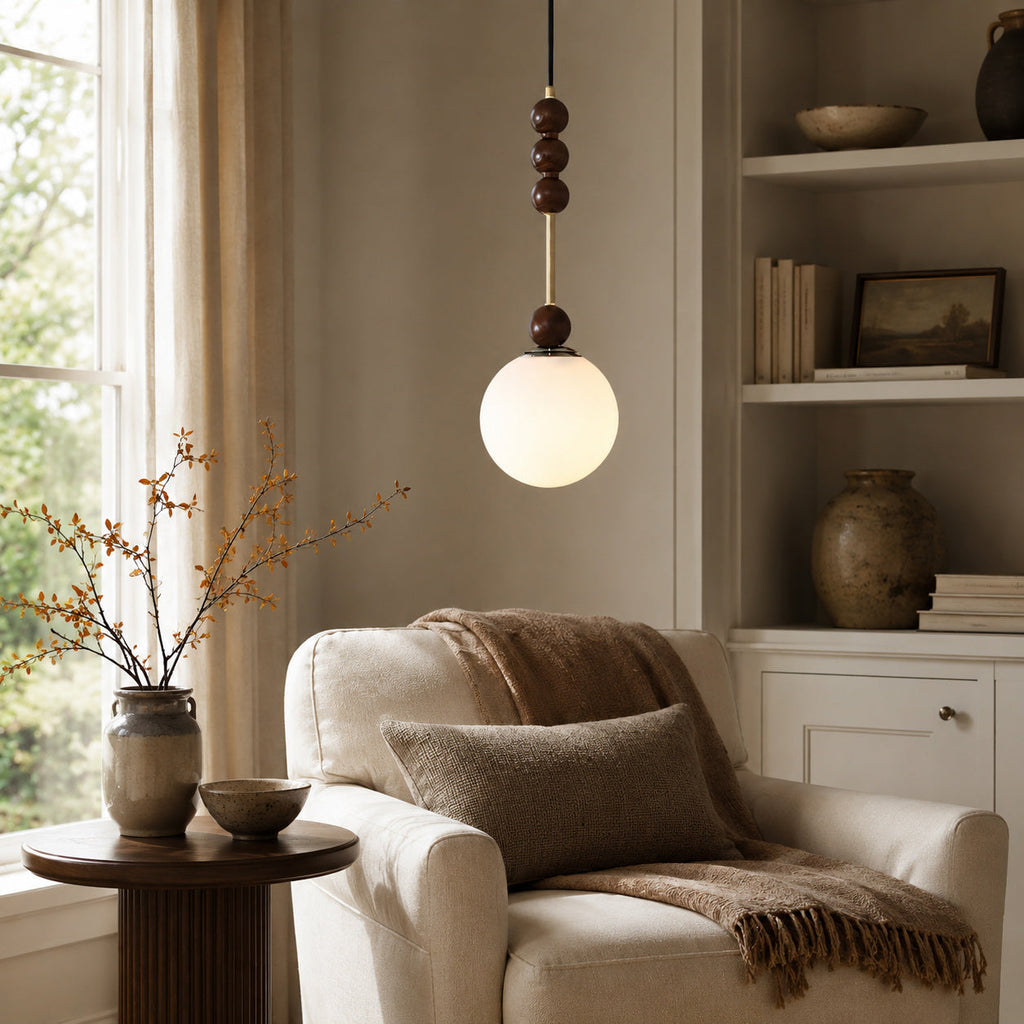 Frosted Globe Pendant with Stacked Wood Spheres