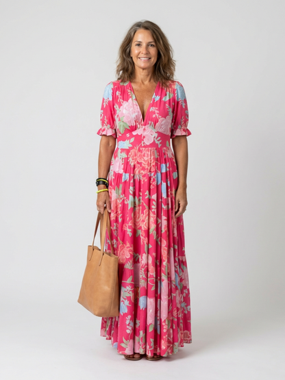 Elegant Maxi Dress for Women V-Neck Floral Puff-Sleeve