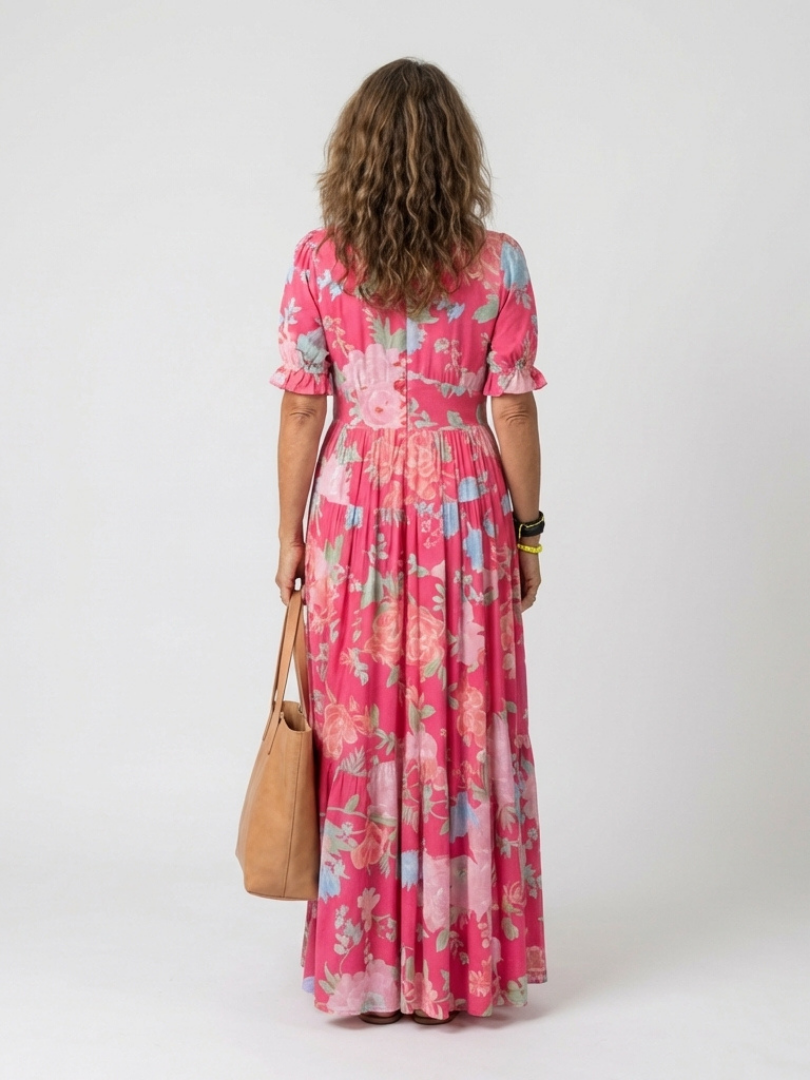 Elegant Maxi Dress for Women V-Neck Floral Puff-Sleeve