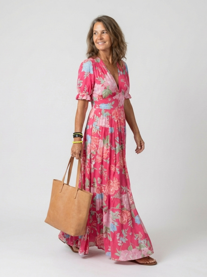 Elegant Maxi Dress for Women V-Neck Floral Puff-Sleeve