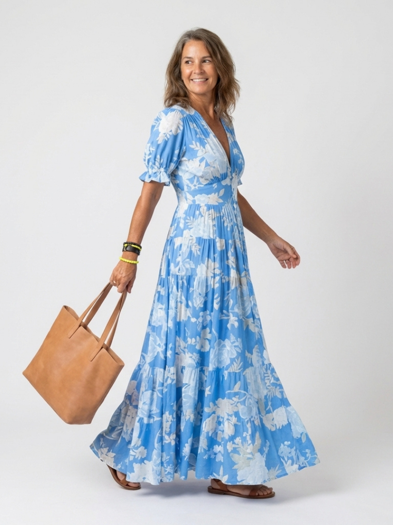 Elegant Maxi Dress for Women V-Neck Floral Puff-Sleeve