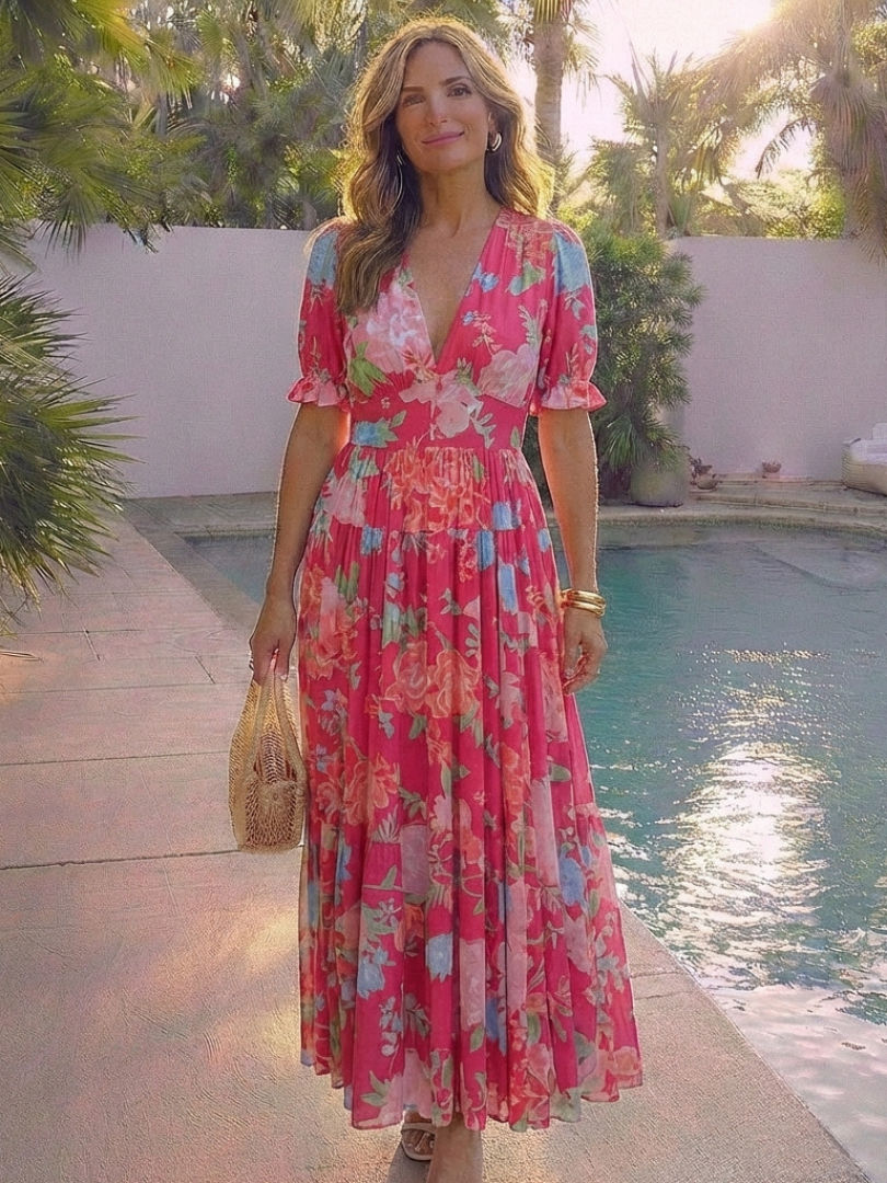Elegant Maxi Dress for Women V-Neck Floral Puff-Sleeve