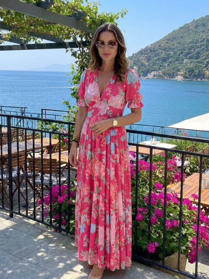 Elegant Maxi Dress for Women V-Neck Floral Puff-Sleeve
