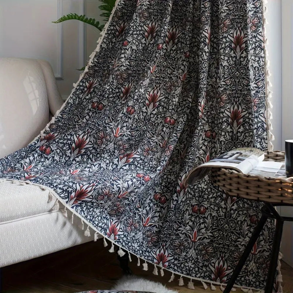 Ebony Leaf: Curtain with Floral Tapestry & Tassels – Semi-Blackout & Decorative for Living Room
