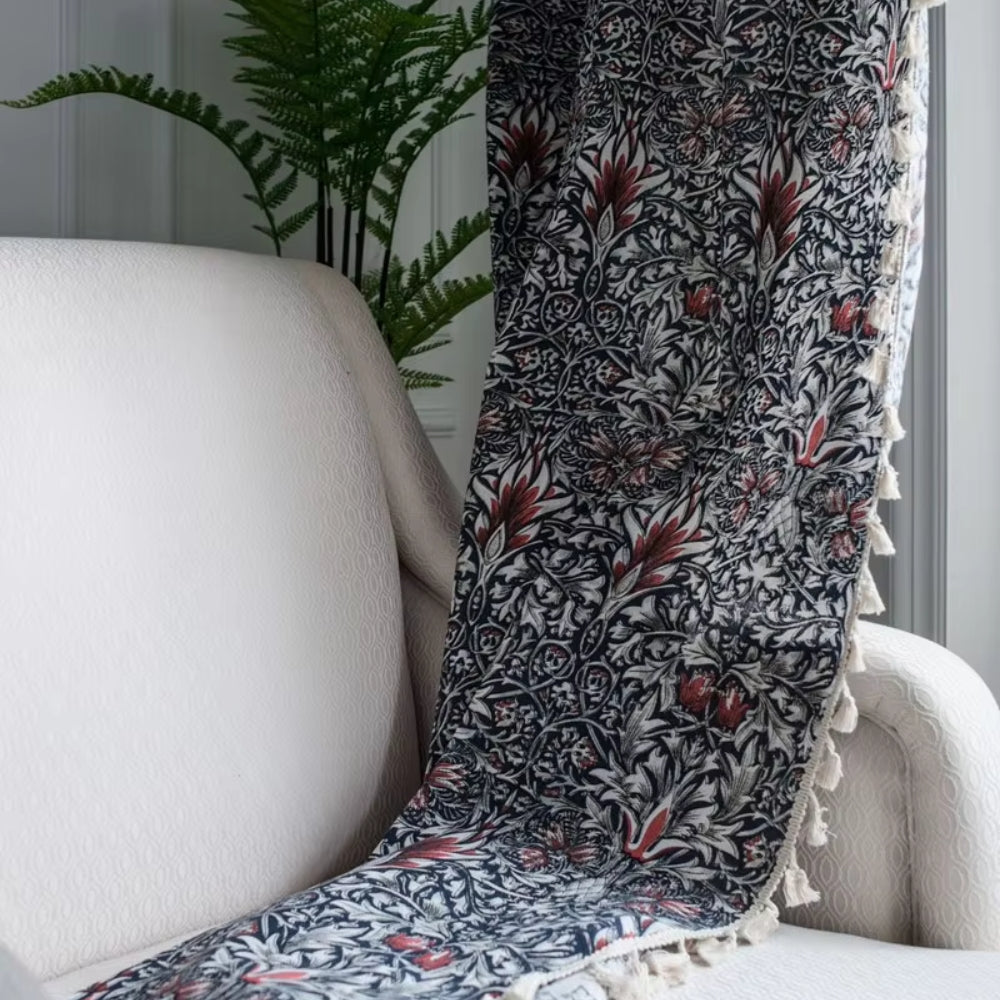 Ebony Leaf: Curtain with Floral Tapestry & Tassels – Semi-Blackout & Decorative for Living Room