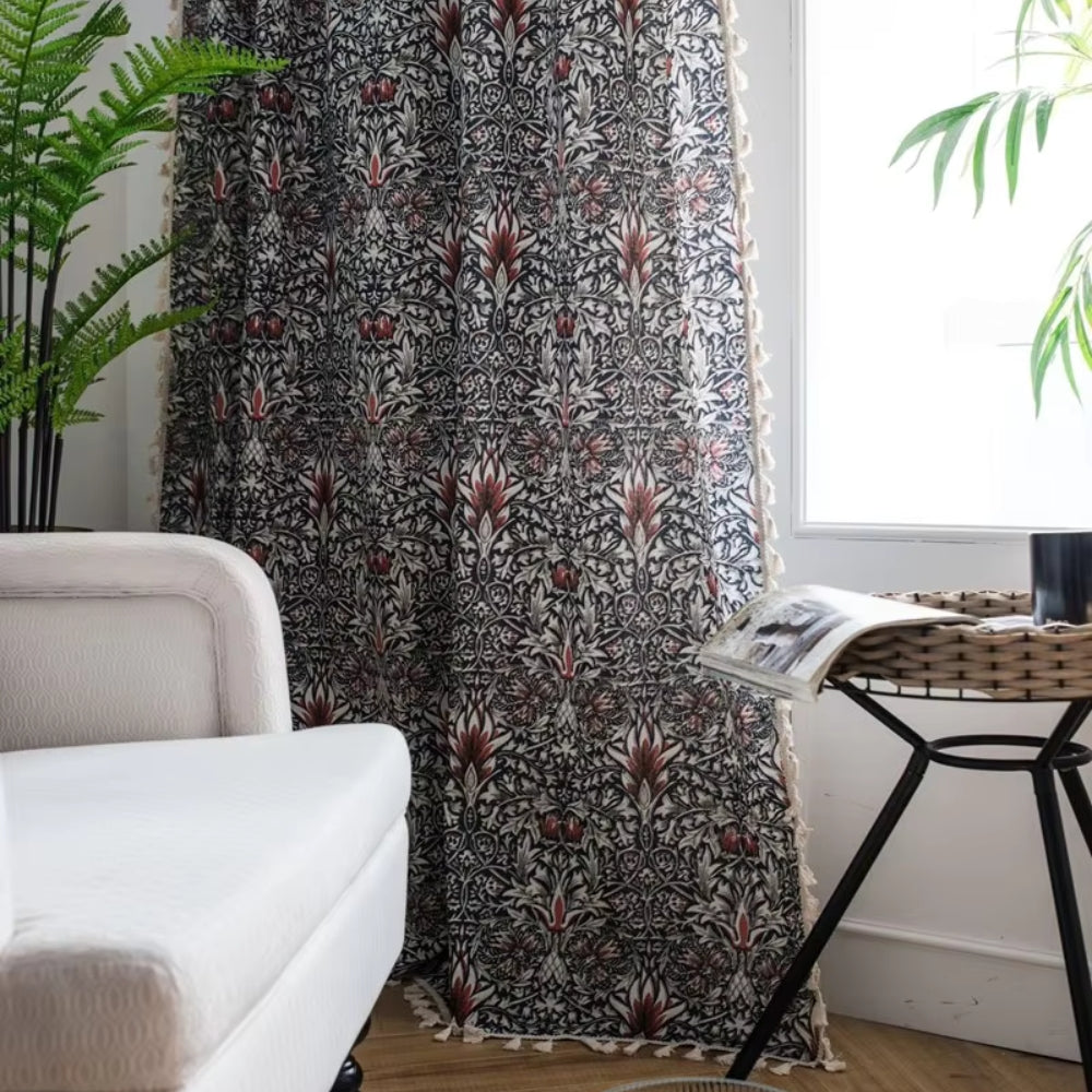 Ebony Leaf: Curtain with Floral Tapestry & Tassels – Semi-Blackout & Decorative for Living Room