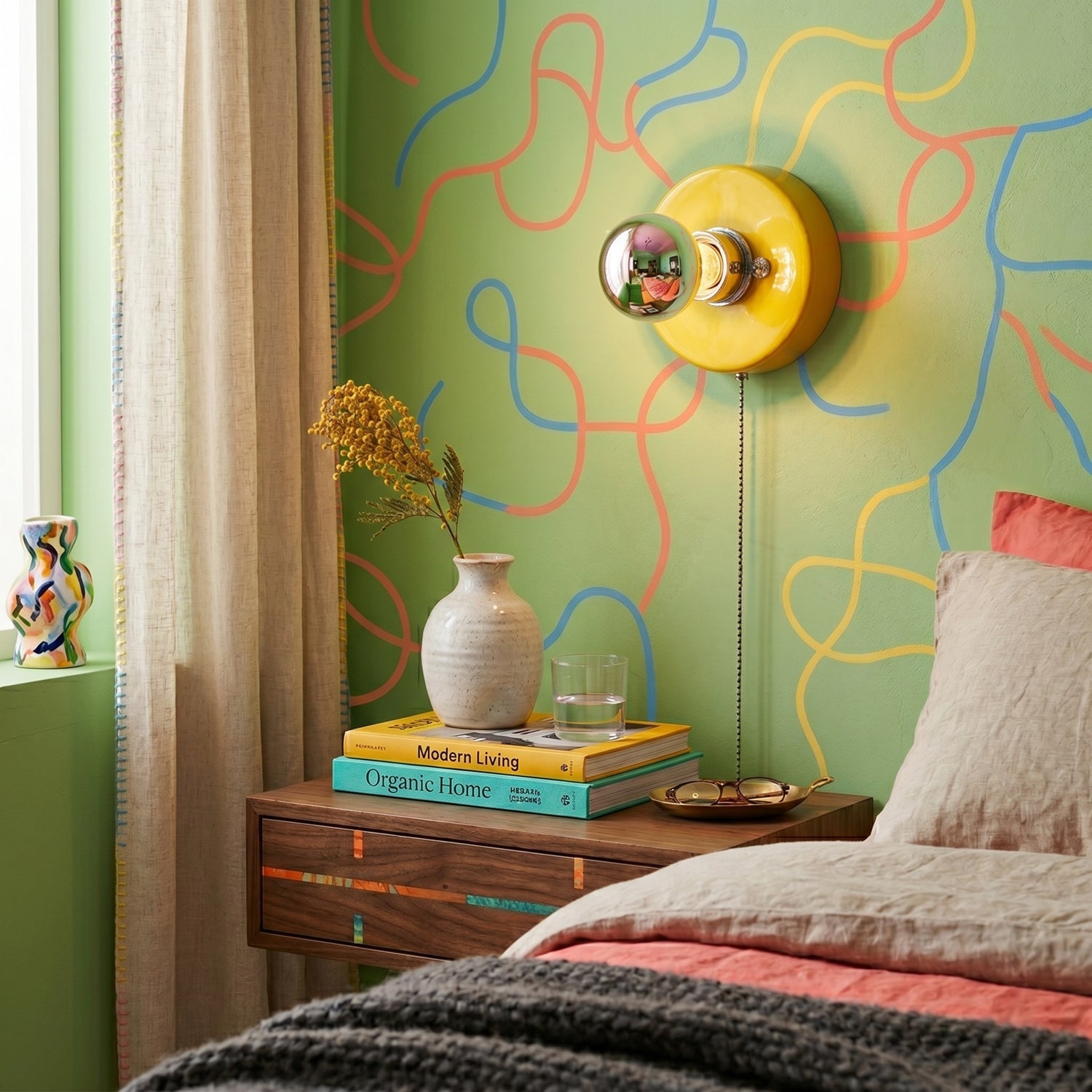 Pull-Chain Ceramic Disk Wall Sconce — Multicolor
